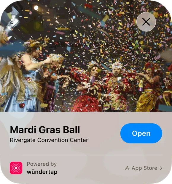 The wündertap App Clip card for Mardi Gras Ball at Rivergate Convention Center, showing the Open button guests tap to launch the experience instantly